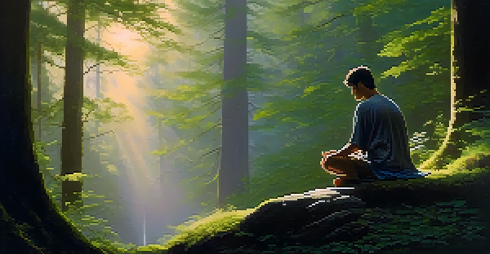 A person meditating in a peaceful forest at sunrise, surrounded by trees and greenery.
