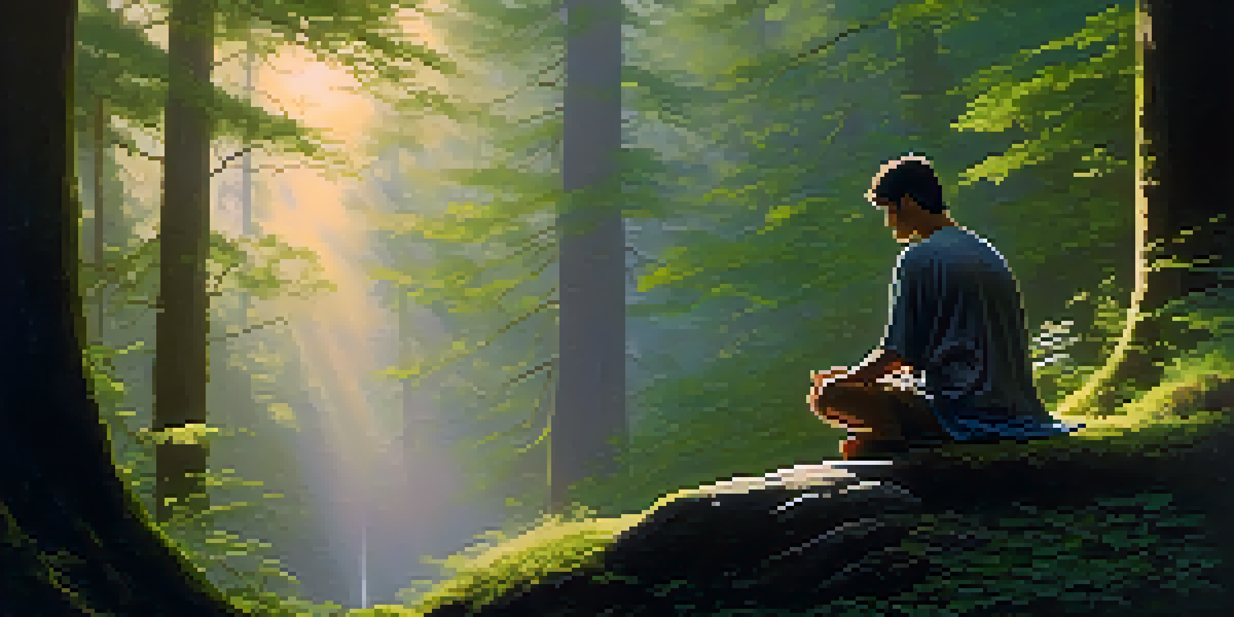 A person meditating in a peaceful forest at sunrise, surrounded by trees and greenery.