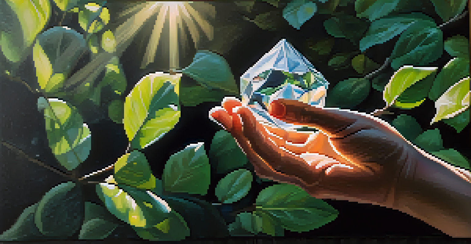 A hand holding a crystal with sunlight filtering through leaves, highlighting themes of nature and mindfulness.