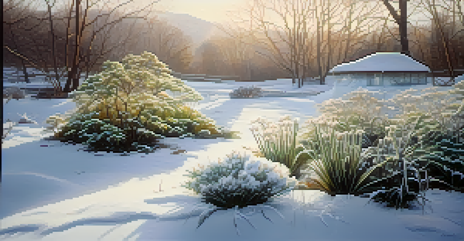 A serene winter scene with dormant entheogenic plants in pots, covered in snow, and soft light illuminating the area.