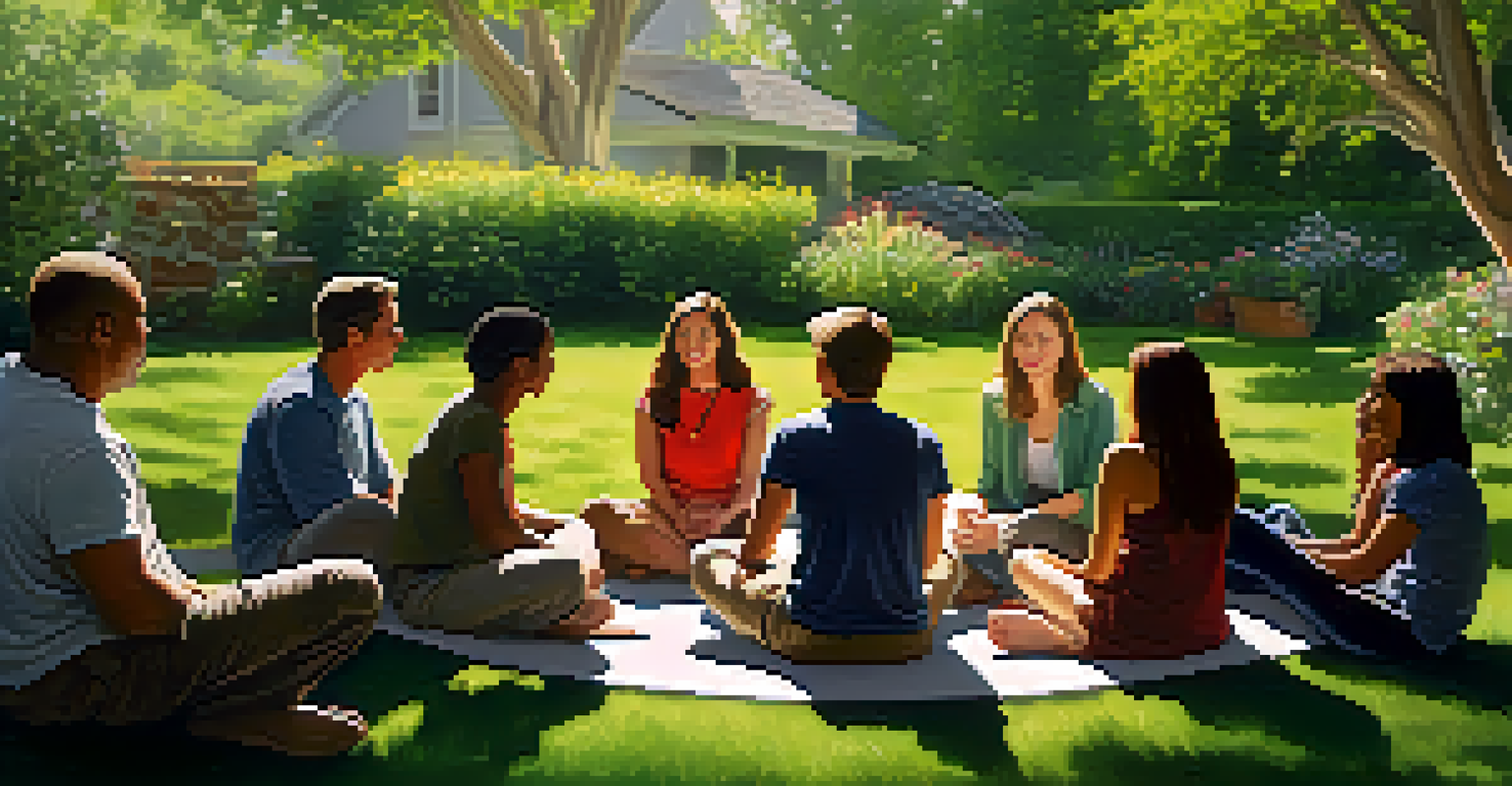 A diverse group of people sitting in a garden, engaged in a heartfelt conversation, showing empathy and connection.