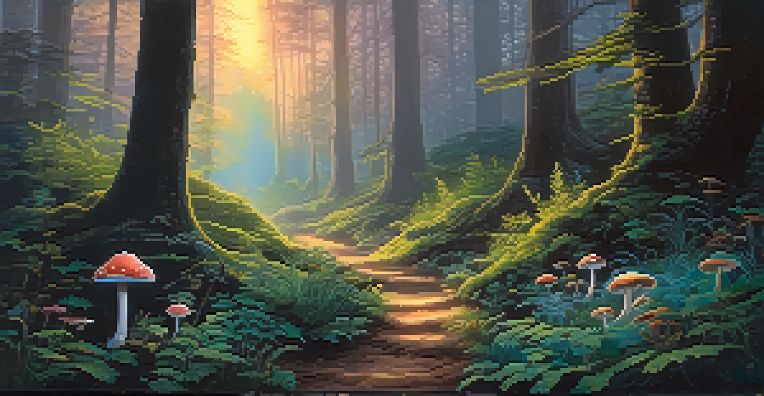 A mystical forest filled with glowing plants and mushrooms under soft twilight light.