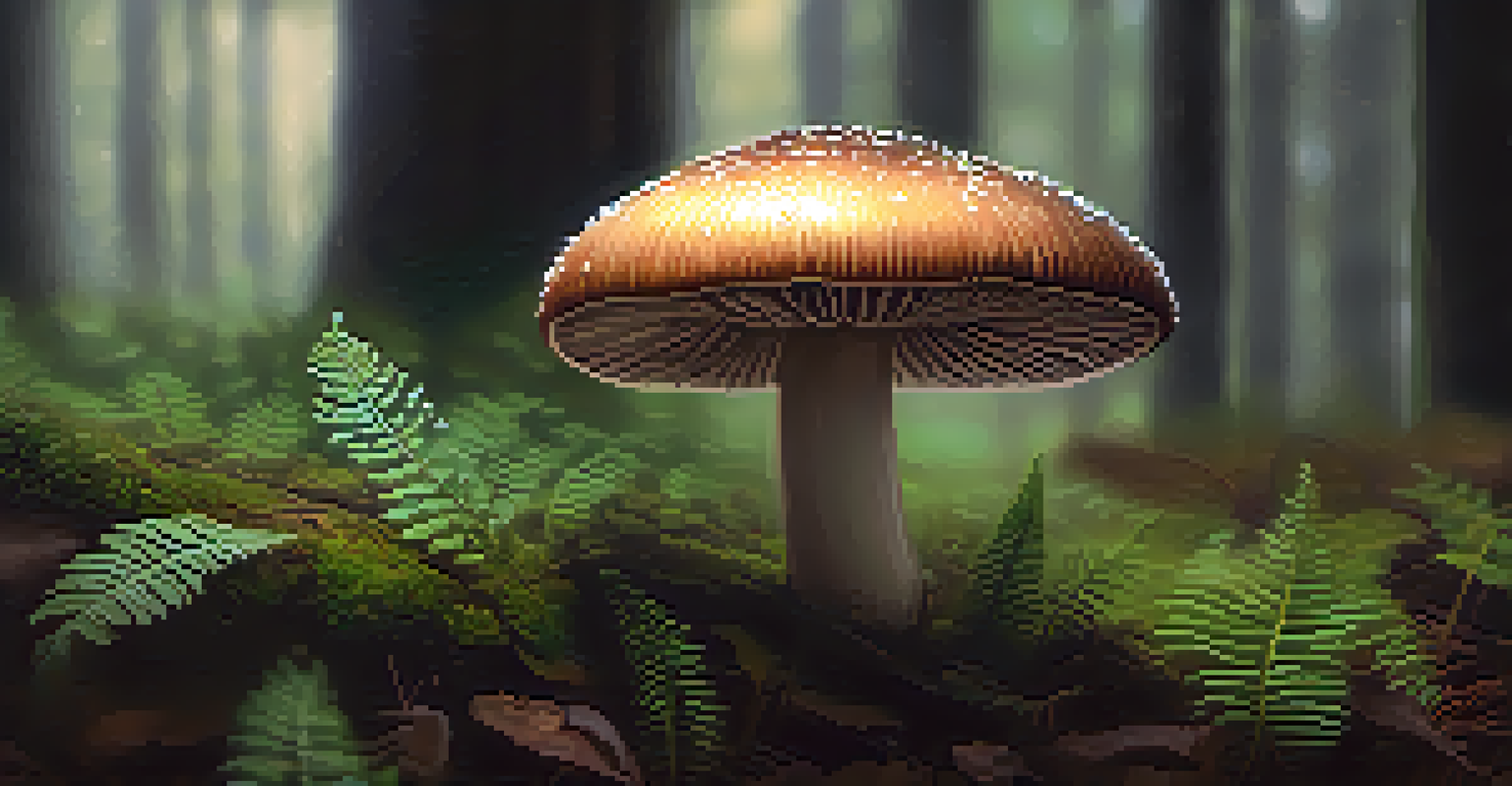 A close-up of a psilocybin mushroom in a dark forest, showcasing its texture and surrounding ferns.