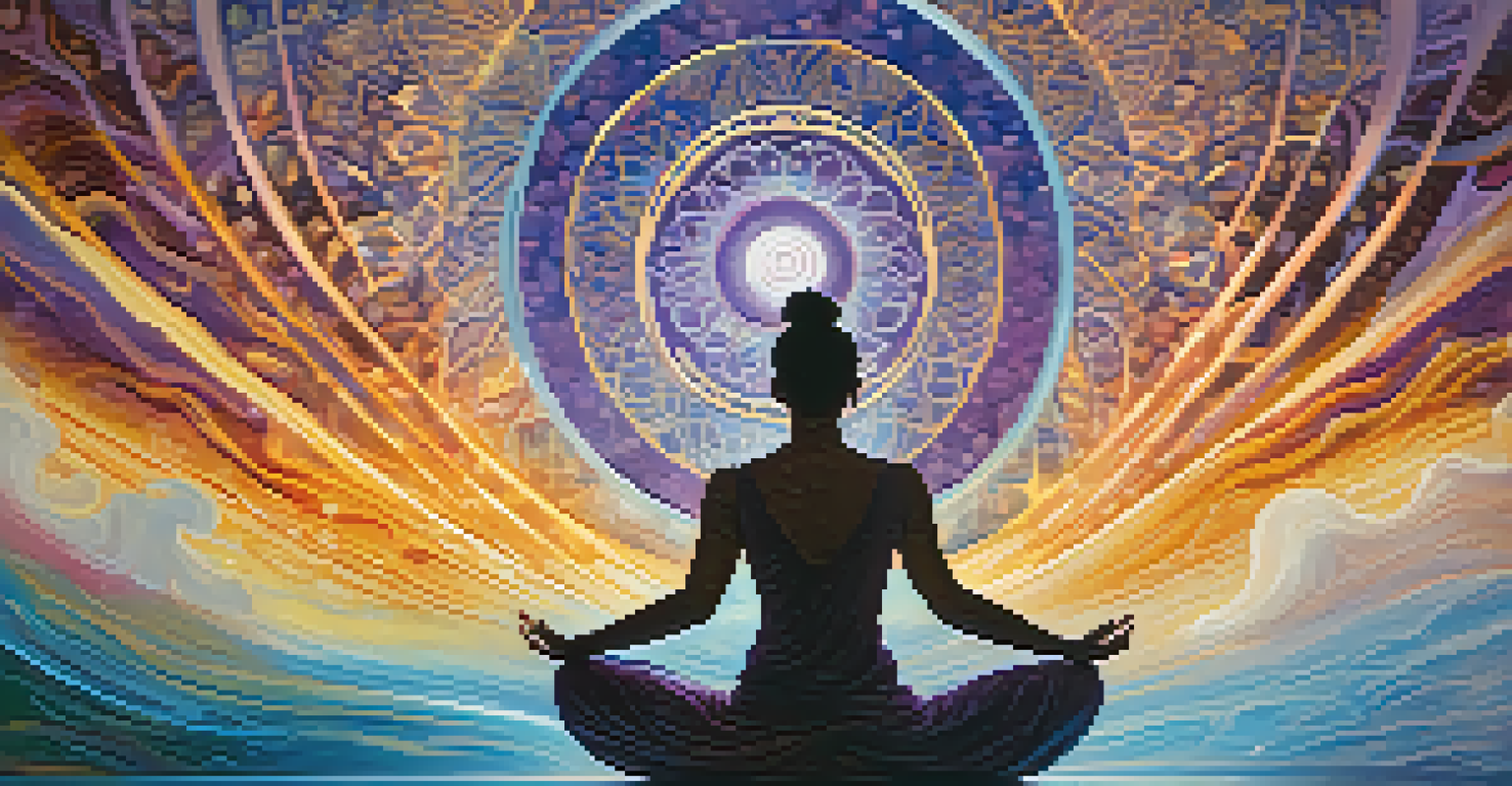 A silhouette of a person meditating surrounded by colorful swirling patterns representing spiritual awakening.