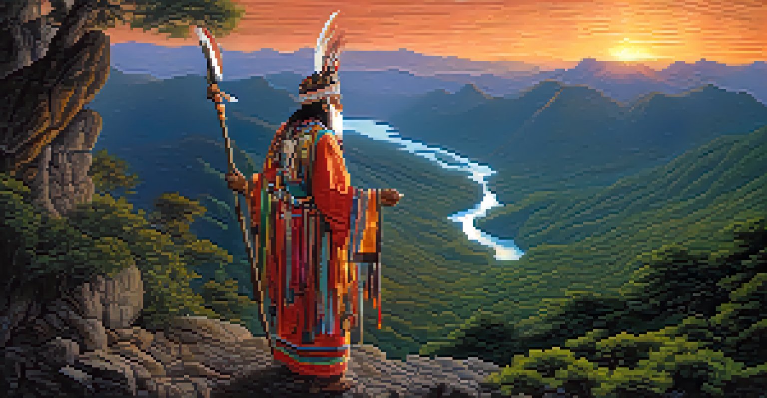 A shaman on a mountain peak at sunset, surrounded by a vibrant landscape and ethereal spirits.