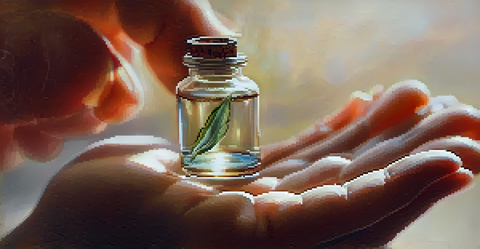 A close-up of hands holding a glass vial of a natural entheogen, with a blurred background.