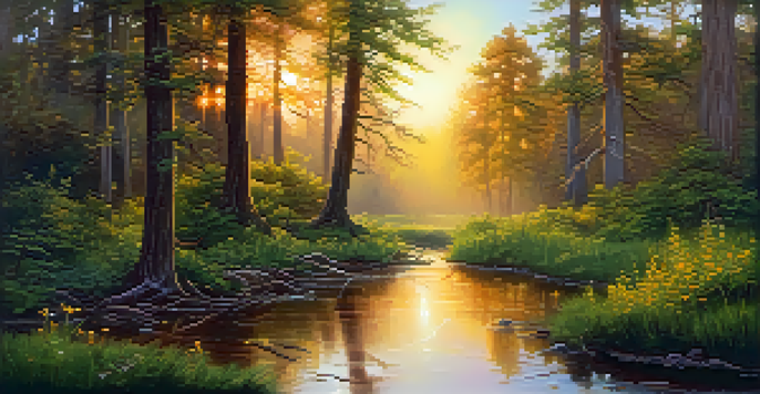 A tranquil forest at twilight with tall trees, soft sunlight, and a flowing stream.