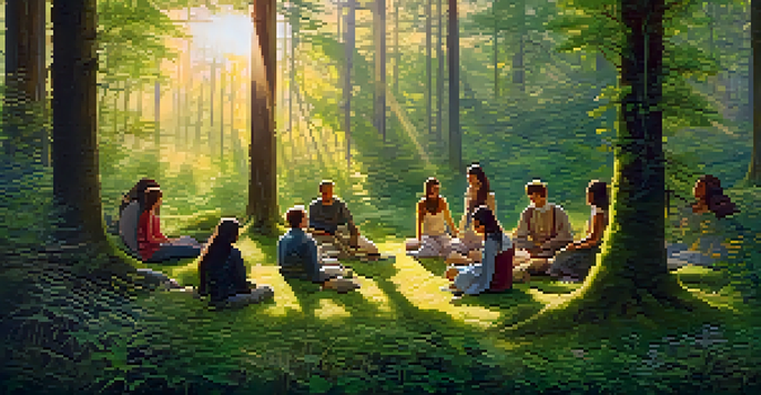 A tranquil forest with sunlight shining through trees, showing a diverse group of people sitting in a circle on moss, engaged in reflection.