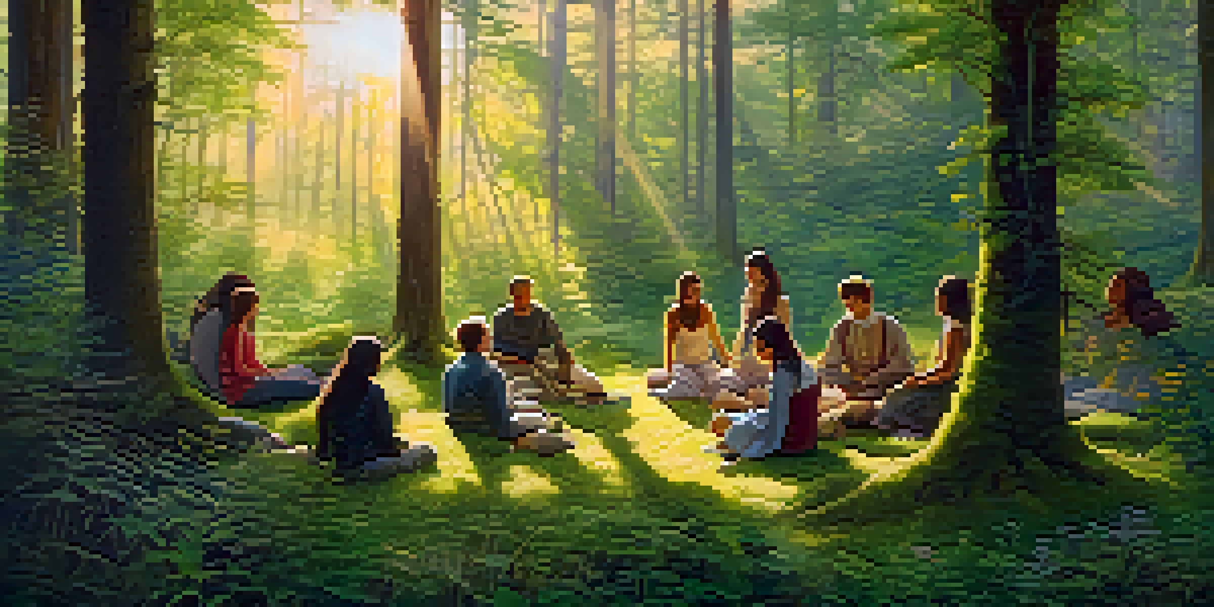 A tranquil forest with sunlight shining through trees, showing a diverse group of people sitting in a circle on moss, engaged in reflection.