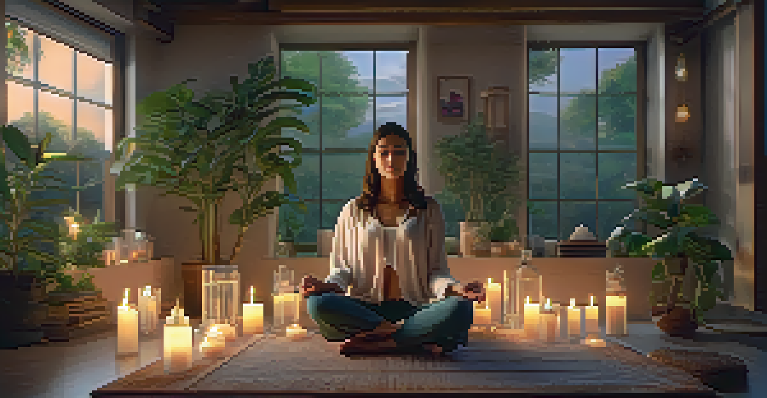 A calming indoor meditation space with candles and plants, featuring a person sitting cross-legged in a peaceful pose.
