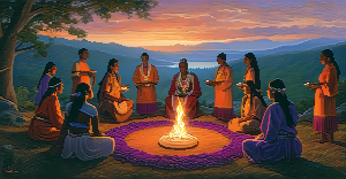 An indigenous ceremony at dusk with participants in traditional attire gathered around a glowing fire, surrounded by lush greenery and vibrant flowers.