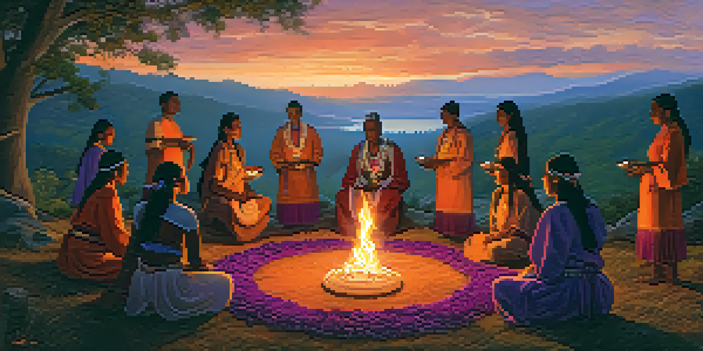 An indigenous ceremony at dusk with participants in traditional attire gathered around a glowing fire, surrounded by lush greenery and vibrant flowers.