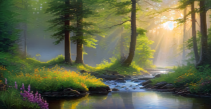 A peaceful forest scene at dawn with mist, sunlight filtering through trees, and a stream flowing through wildflowers.
