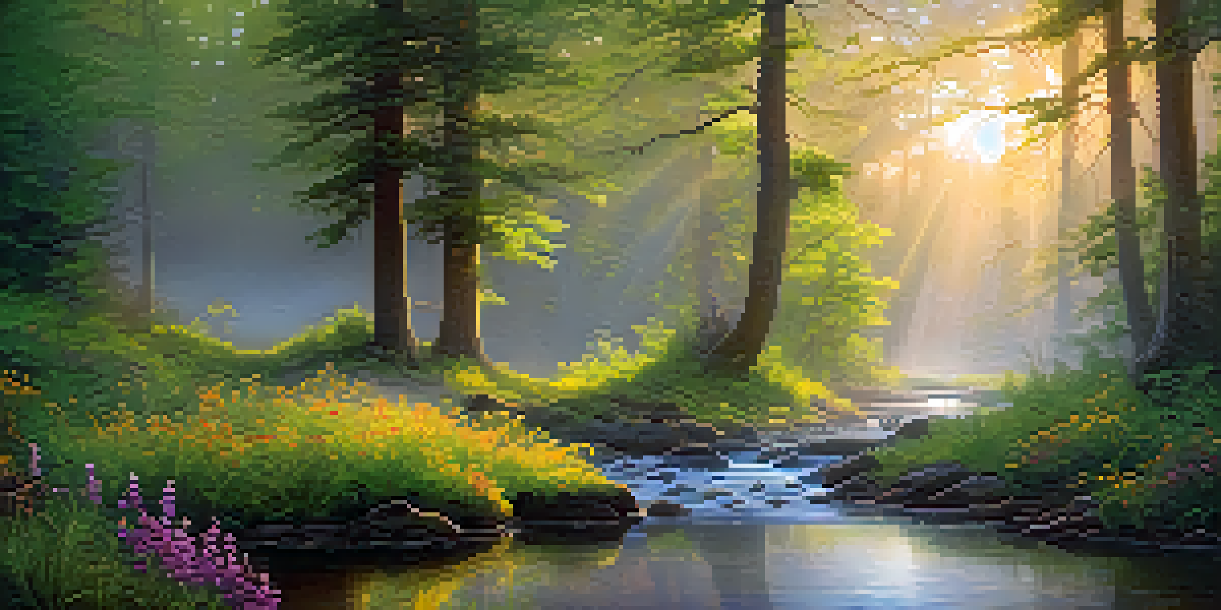 A peaceful forest scene at dawn with mist, sunlight filtering through trees, and a stream flowing through wildflowers.