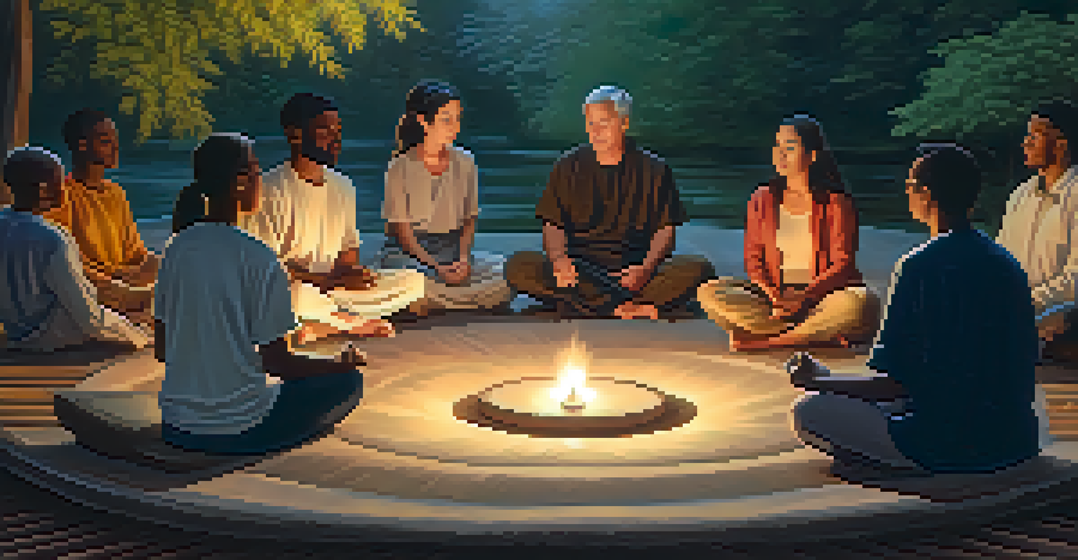 A group of individuals meditating together in a peaceful outdoor setting, showing calm and focus.