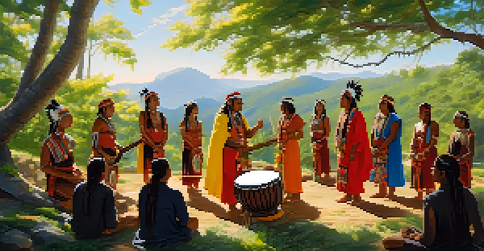 An outdoor indigenous music ceremony with participants in traditional clothing playing drums and flutes, surrounded by lush greenery and sunlight.