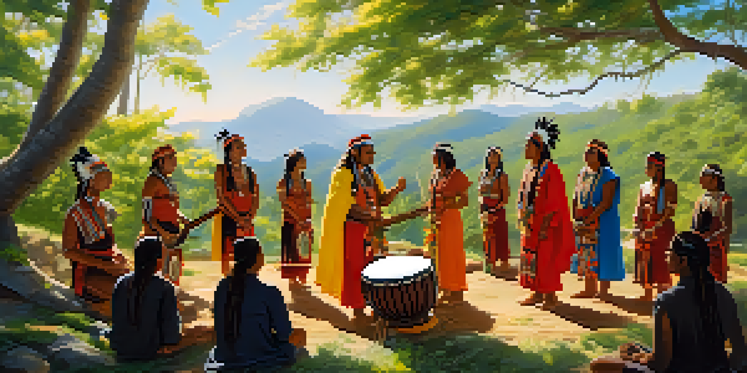 An outdoor indigenous music ceremony with participants in traditional clothing playing drums and flutes, surrounded by lush greenery and sunlight.