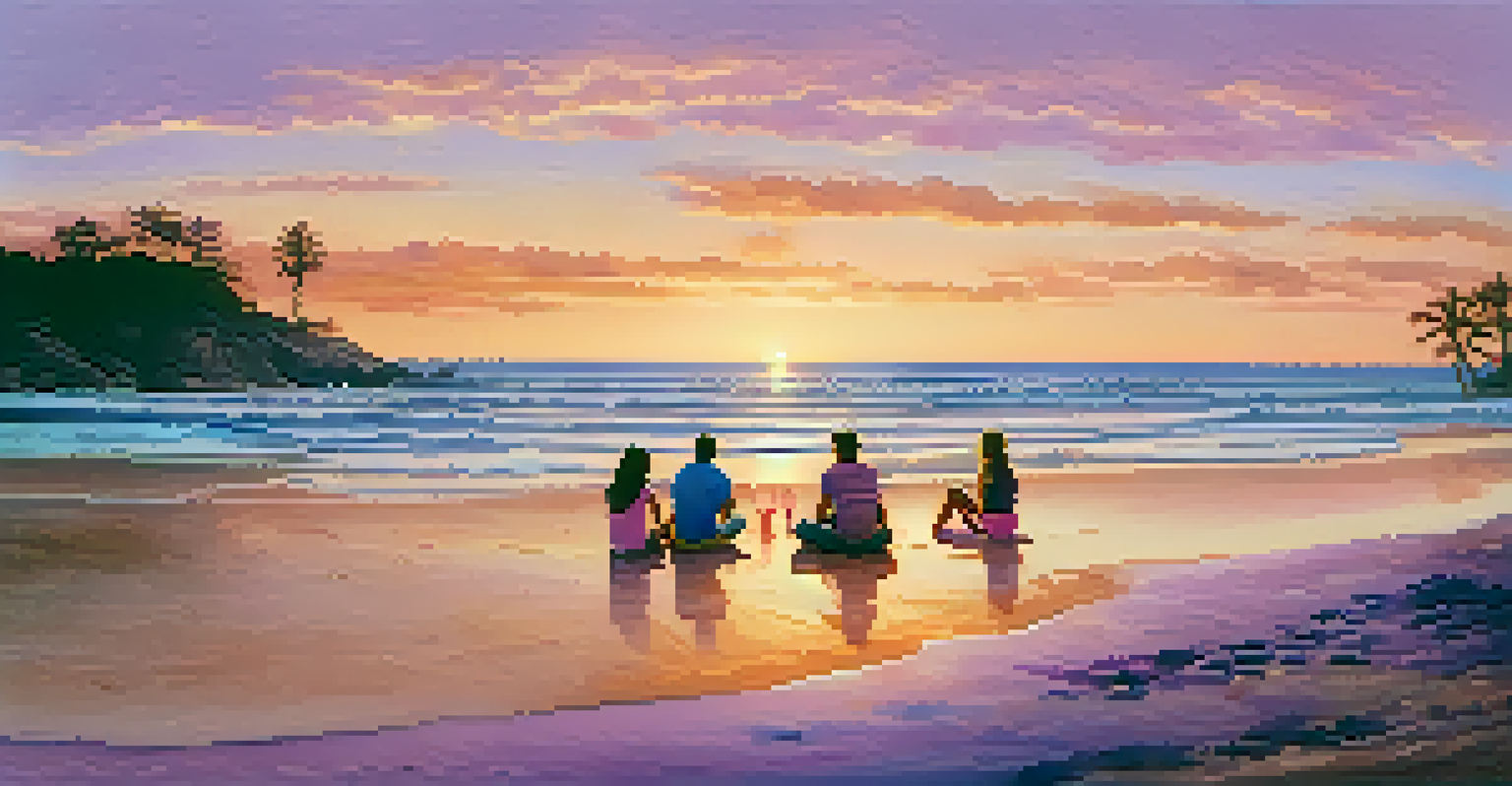 A group of friends sitting in a circle on the beach at sunset.
