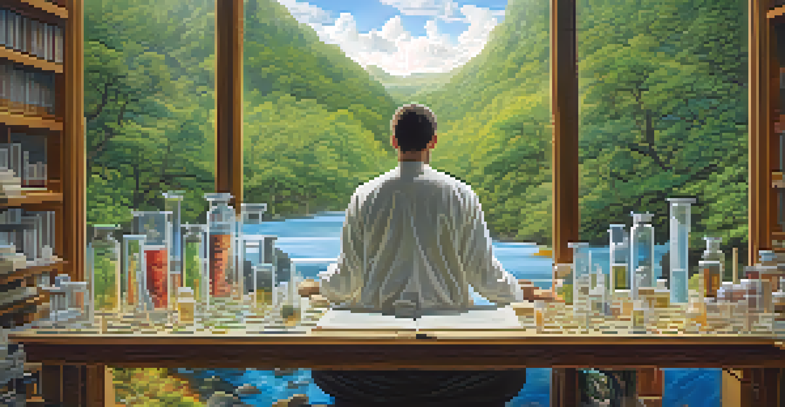 A split image showing a researcher in a lab on one side and a person meditating in nature on the other side.