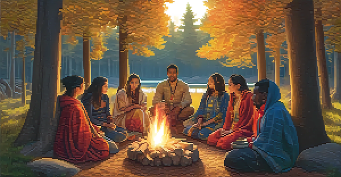 A diverse group of people gathered around a bonfire in a forest during sunset, participating in a traditional ceremony.