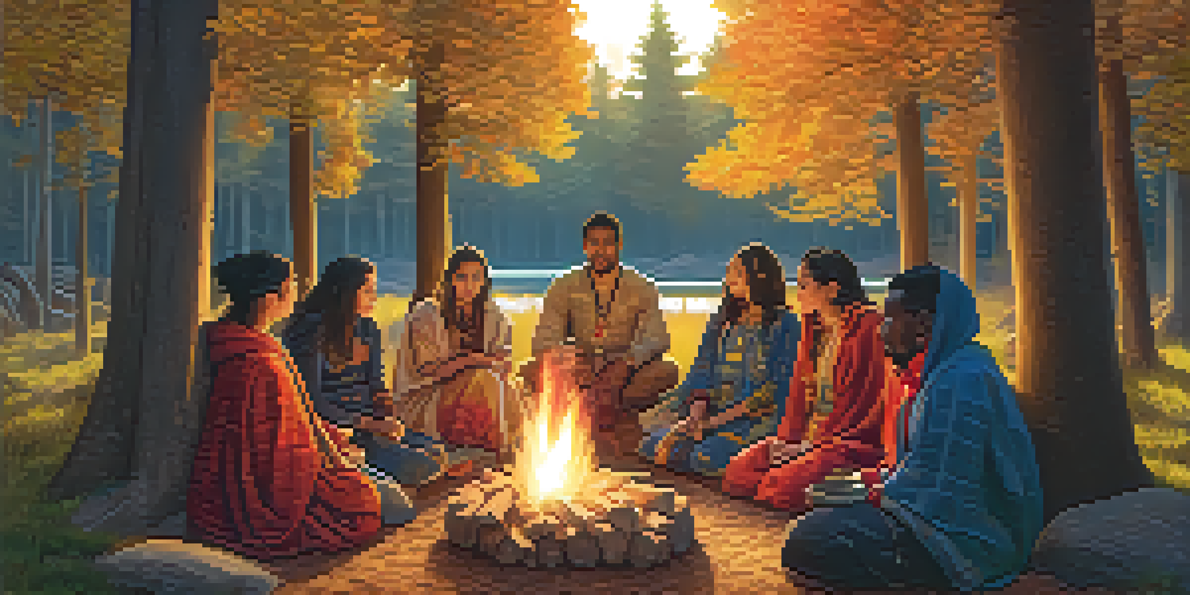 A diverse group of people gathered around a bonfire in a forest during sunset, participating in a traditional ceremony.