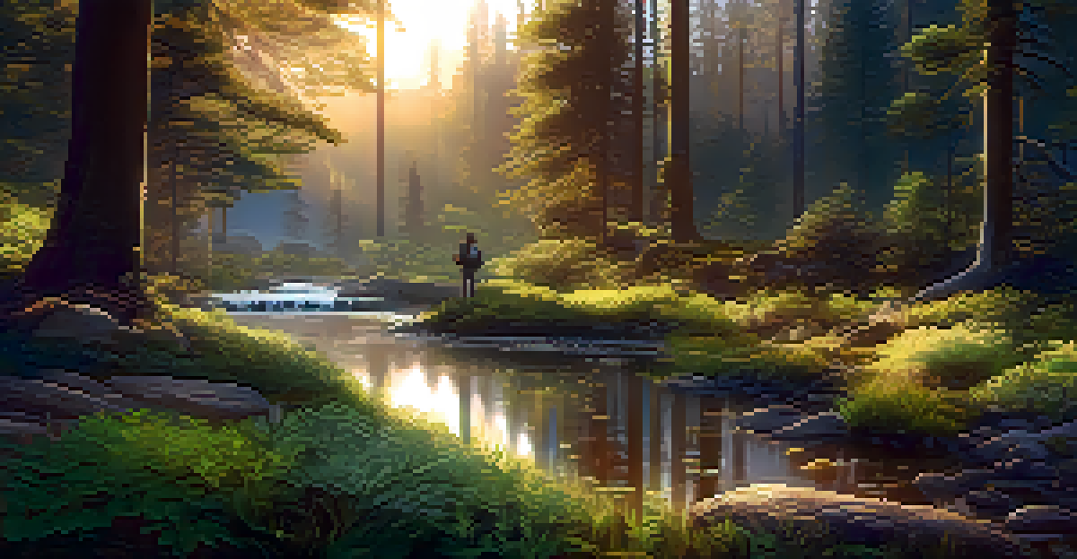 A serene forest landscape with a researcher collecting plant samples, illuminated by golden hour sunlight.