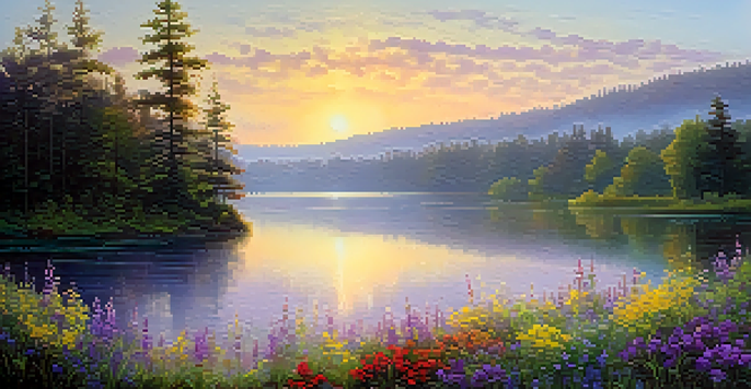 A tranquil lake at sunrise, surrounded by forests and blooming wildflowers, with soft golden light reflecting on the water.