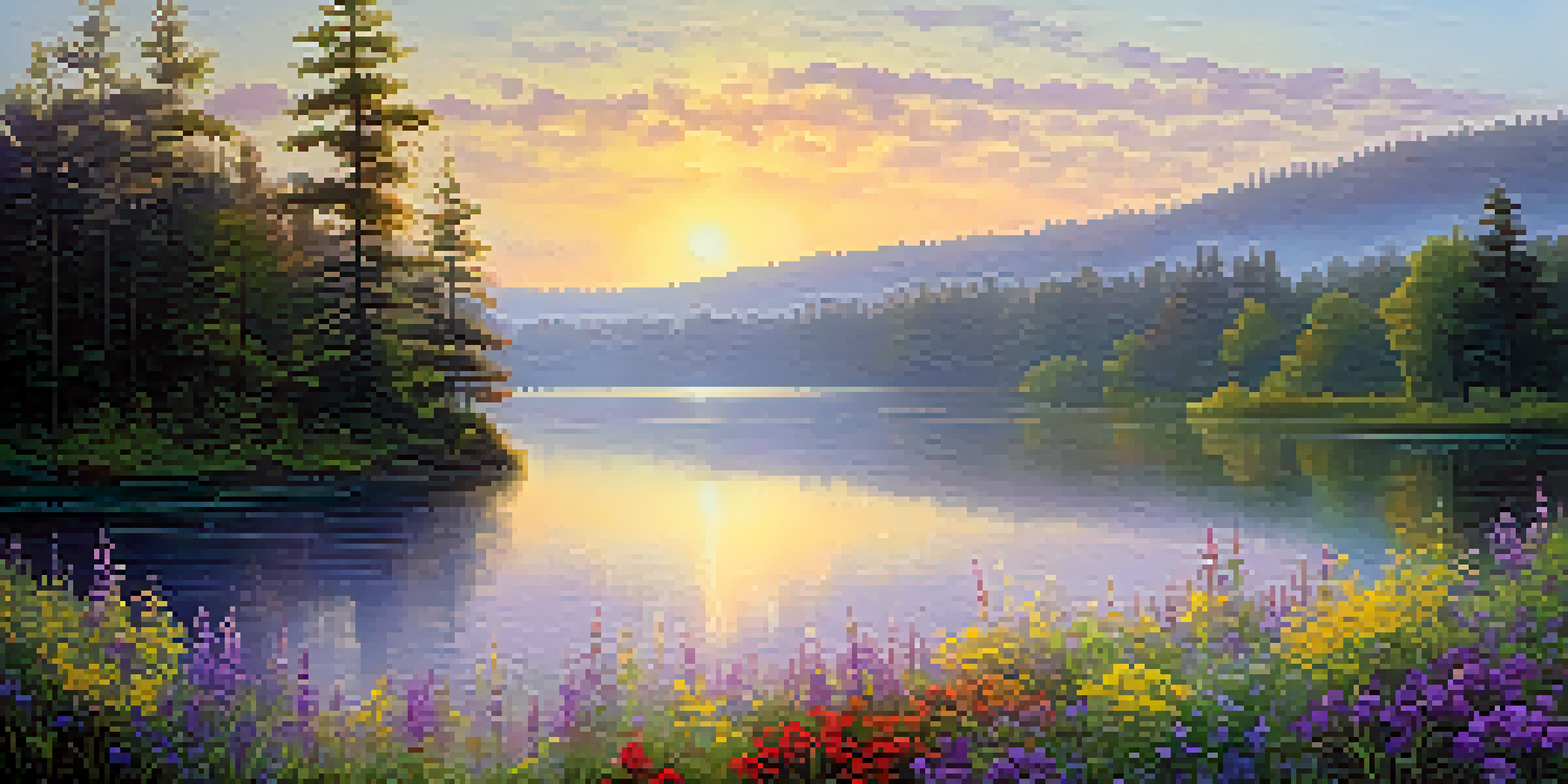 A tranquil lake at sunrise, surrounded by forests and blooming wildflowers, with soft golden light reflecting on the water.