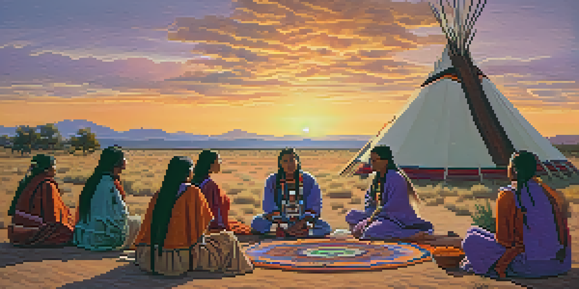 A group of participants in a Native American peyote ceremony, seated in a circle at sunset, surrounded by vibrant blankets and ceremonial items.