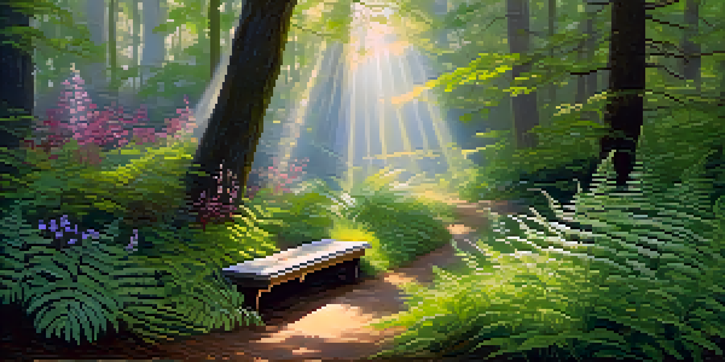 A peaceful forest with a winding path, tall trees, a wooden bench, and blooming wildflowers under morning light.