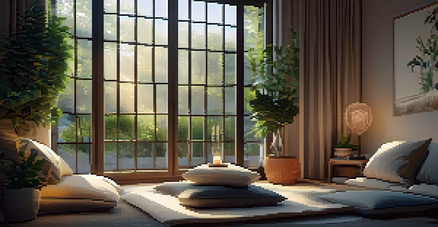 A cozy meditation corner with cushions, soft blankets, calming nature artwork, flickering candles, and sunlight streaming through a window into a lush garden.