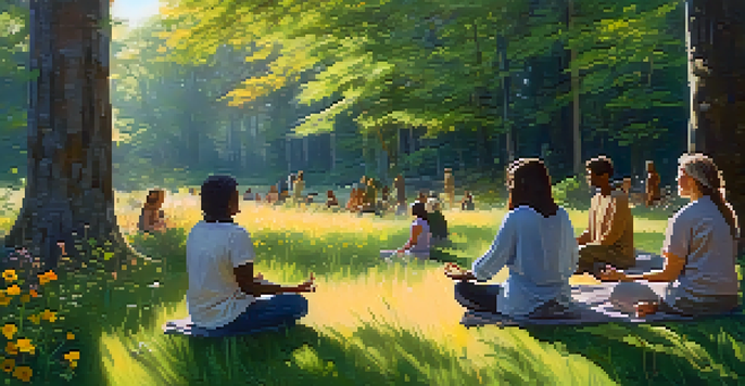 A peaceful forest scene featuring a diverse group of people meditating in a circle, surrounded by flowers and dappled sunlight.