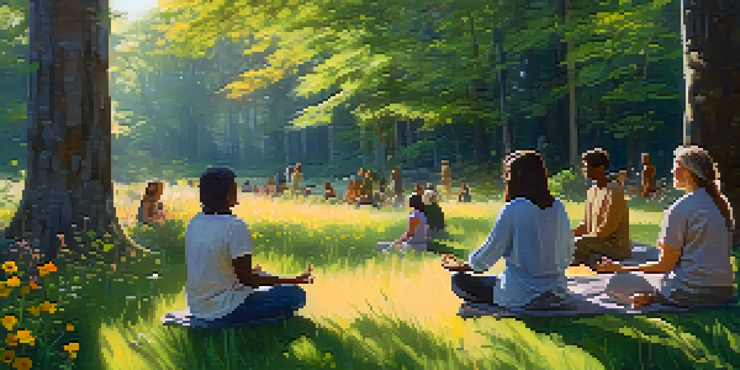 A peaceful forest scene featuring a diverse group of people meditating in a circle, surrounded by flowers and dappled sunlight.