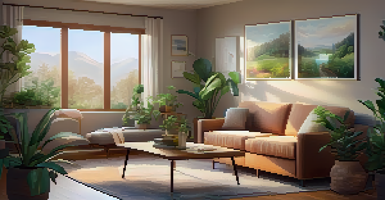 A cozy therapy room with warm lighting, featuring a therapist and a client engaged in a supportive conversation, surrounded by calming artworks and plants.