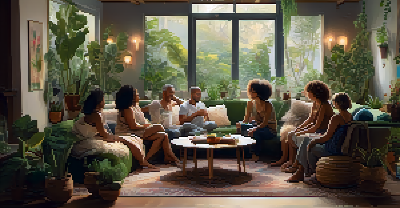 A diverse group of people sitting in a circle indoors, sharing their thoughts and feelings in a cozy atmosphere.