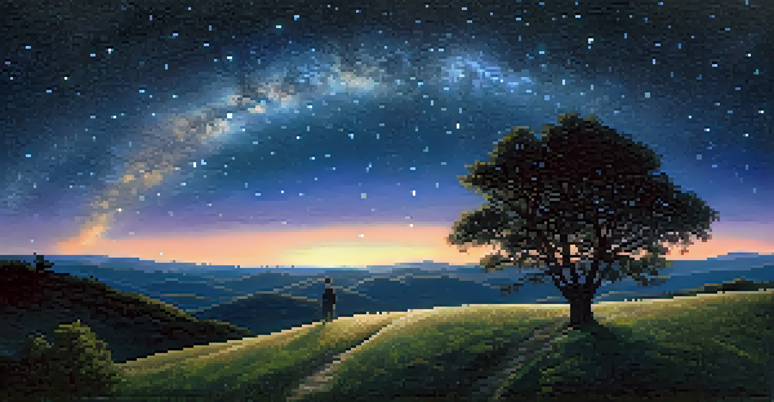 A beautiful night sky with the Milky Way and a silhouette of a person on a hill gazing at the stars.