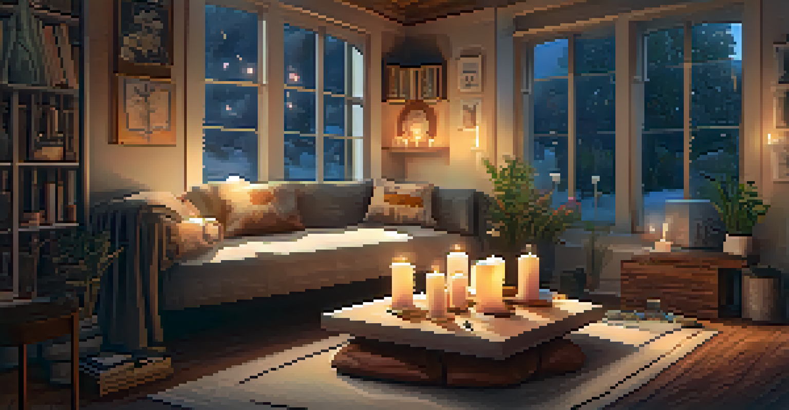 An inviting room with cushions, candles, crystals, and an open journal on a low table, creating a warm atmosphere for spiritual exploration.