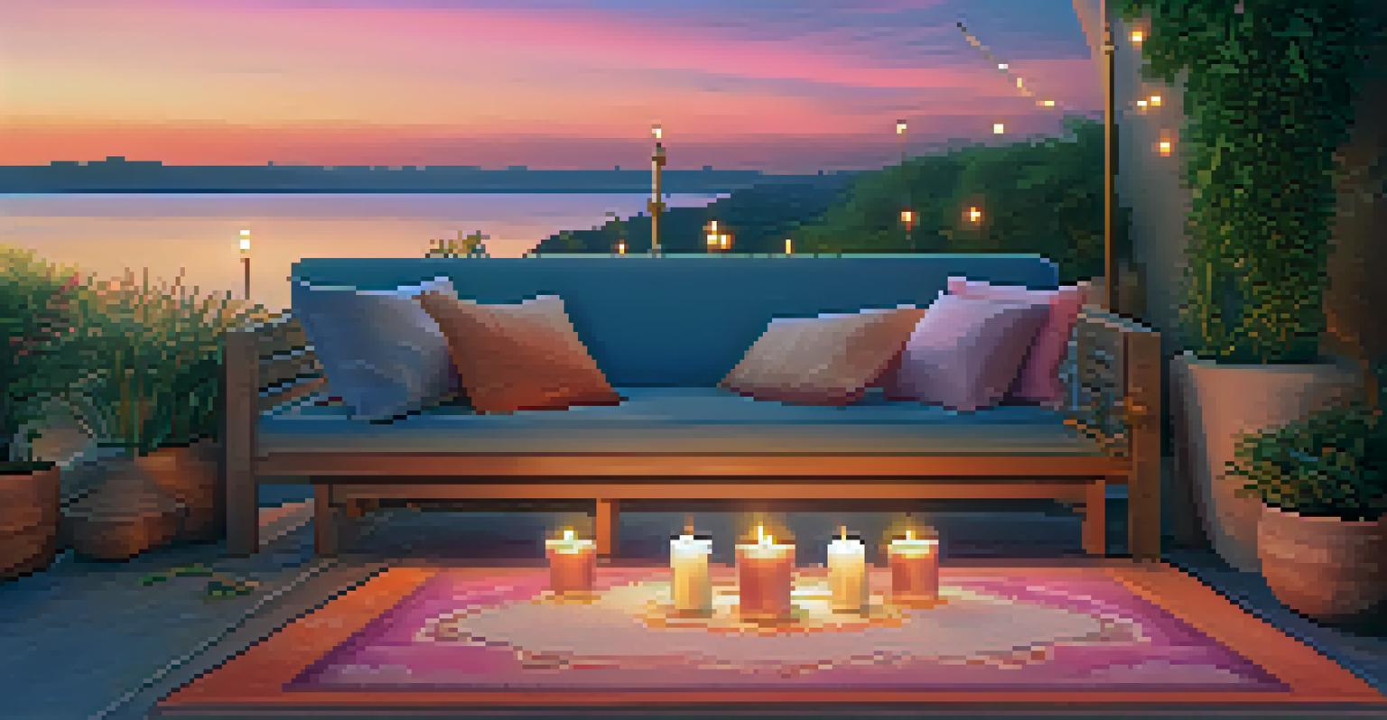 An outdoor meditation space with cushions and candles, set against a vibrant sunset sky and swaying plants.