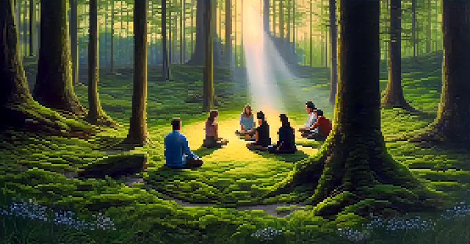 A peaceful forest at dawn with sunlight shining through trees, people meditating in a circle on a mossy ground.