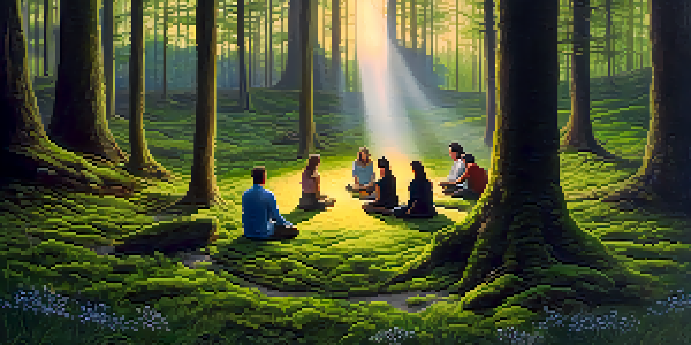 A peaceful forest at dawn with sunlight shining through trees, people meditating in a circle on a mossy ground.