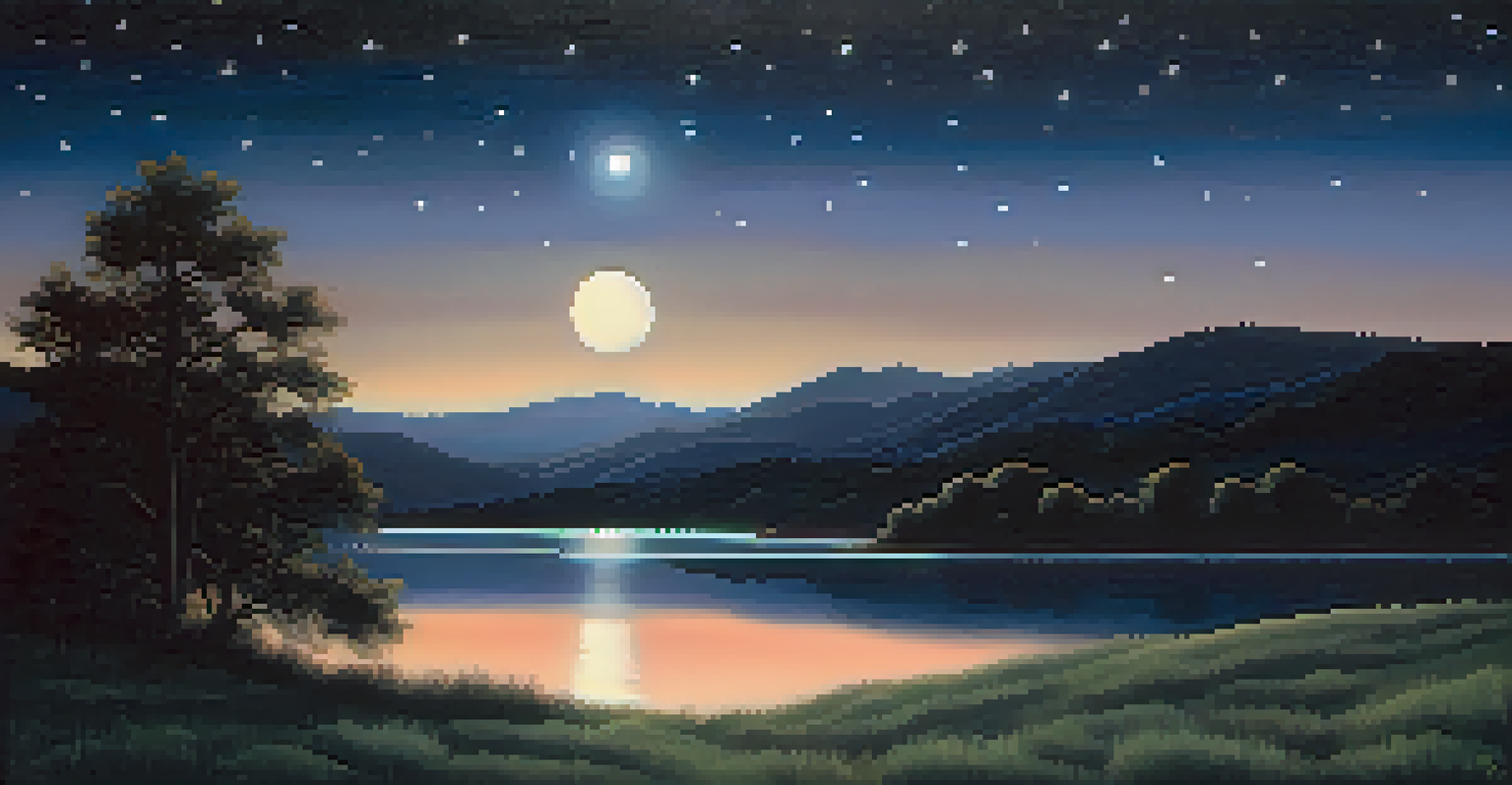 A peaceful night sky with stars and a full moon illuminating a tranquil landscape with hills and a reflective lake.