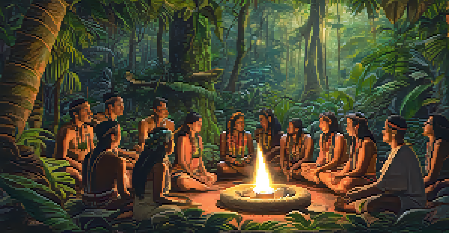 A shaman conducting an ayahuasca ceremony in the Amazon, with participants seated on mats and natural elements around them.