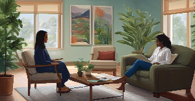 A warm therapy room with a therapist and patient interacting, filled with plants and calming artwork.