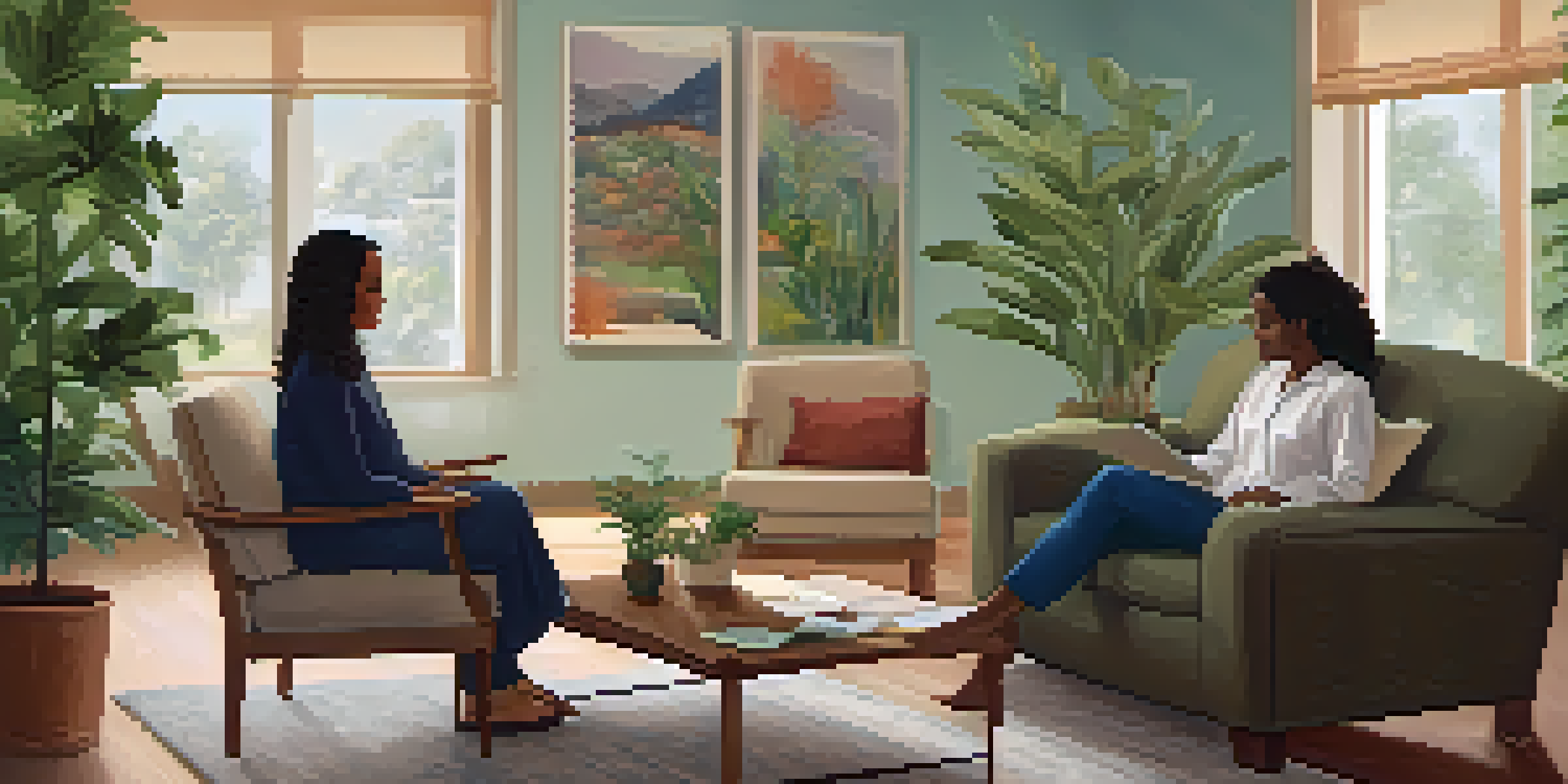 A warm therapy room with a therapist and patient interacting, filled with plants and calming artwork.