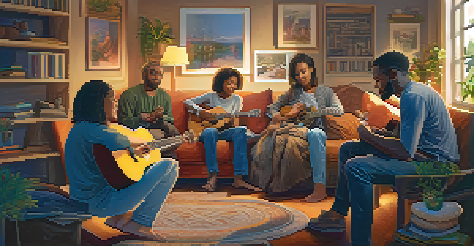 A warm gathering of people sharing music and stories in a cozy room after an entheogenic experience.