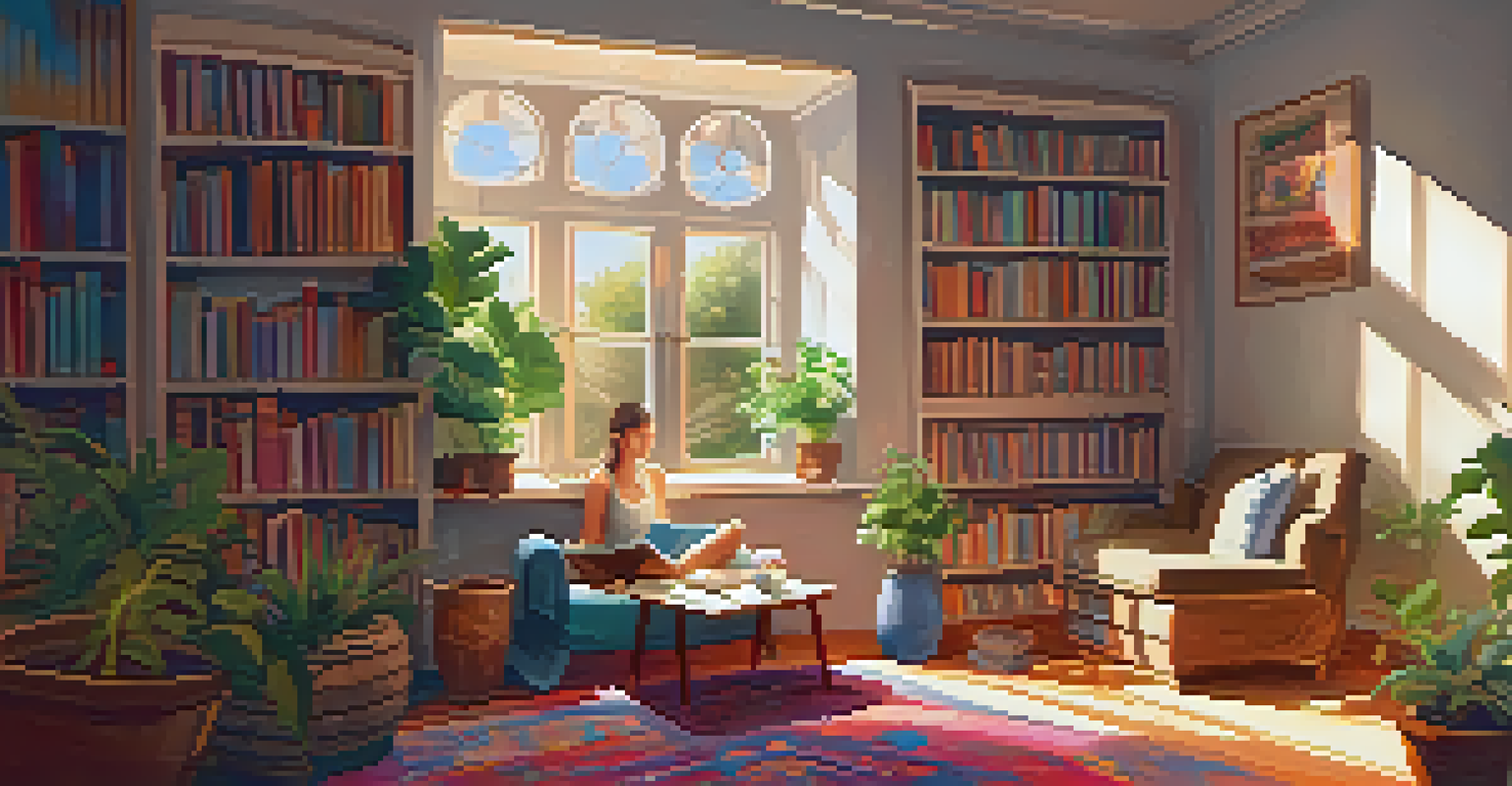 A person journaling in a cozy room with sunlight streaming through a window and bookshelves filled with colorful books.