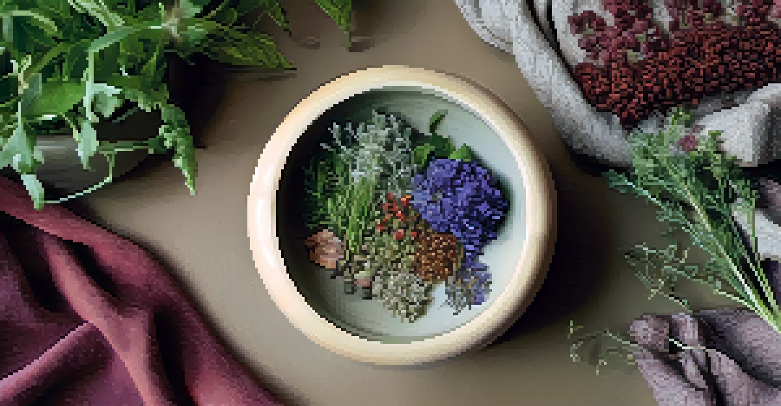 A hand holding a ceramic bowl filled with colorful herbs and flowers, on a natural textile background.