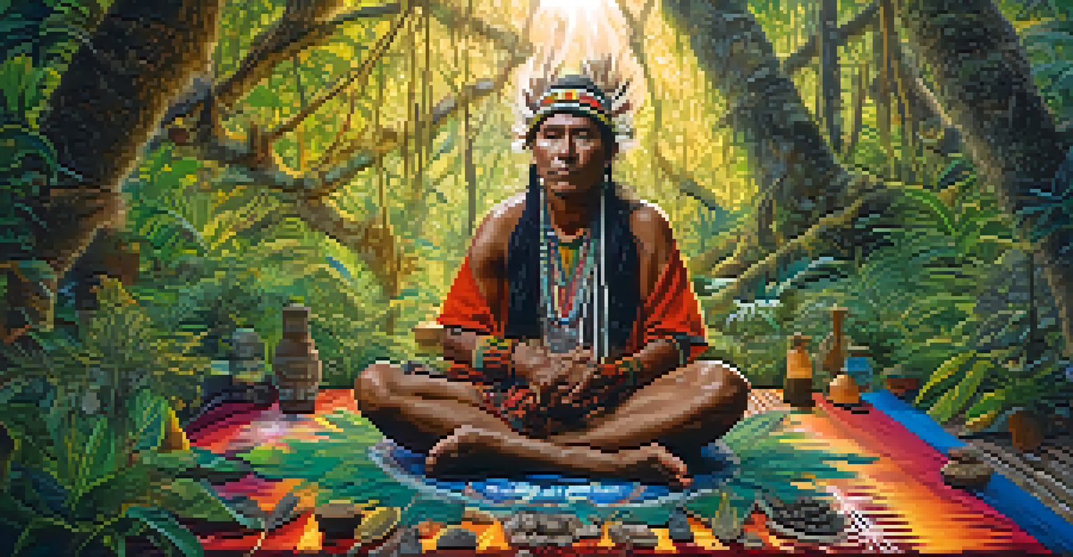 An indigenous shaman preparing for an Ayahuasca ceremony, surrounded by plants and herbs, sitting on a colorful mat.