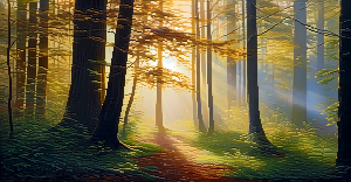 A peaceful forest at sunrise with sunlight streaming through the trees and a misty ground.