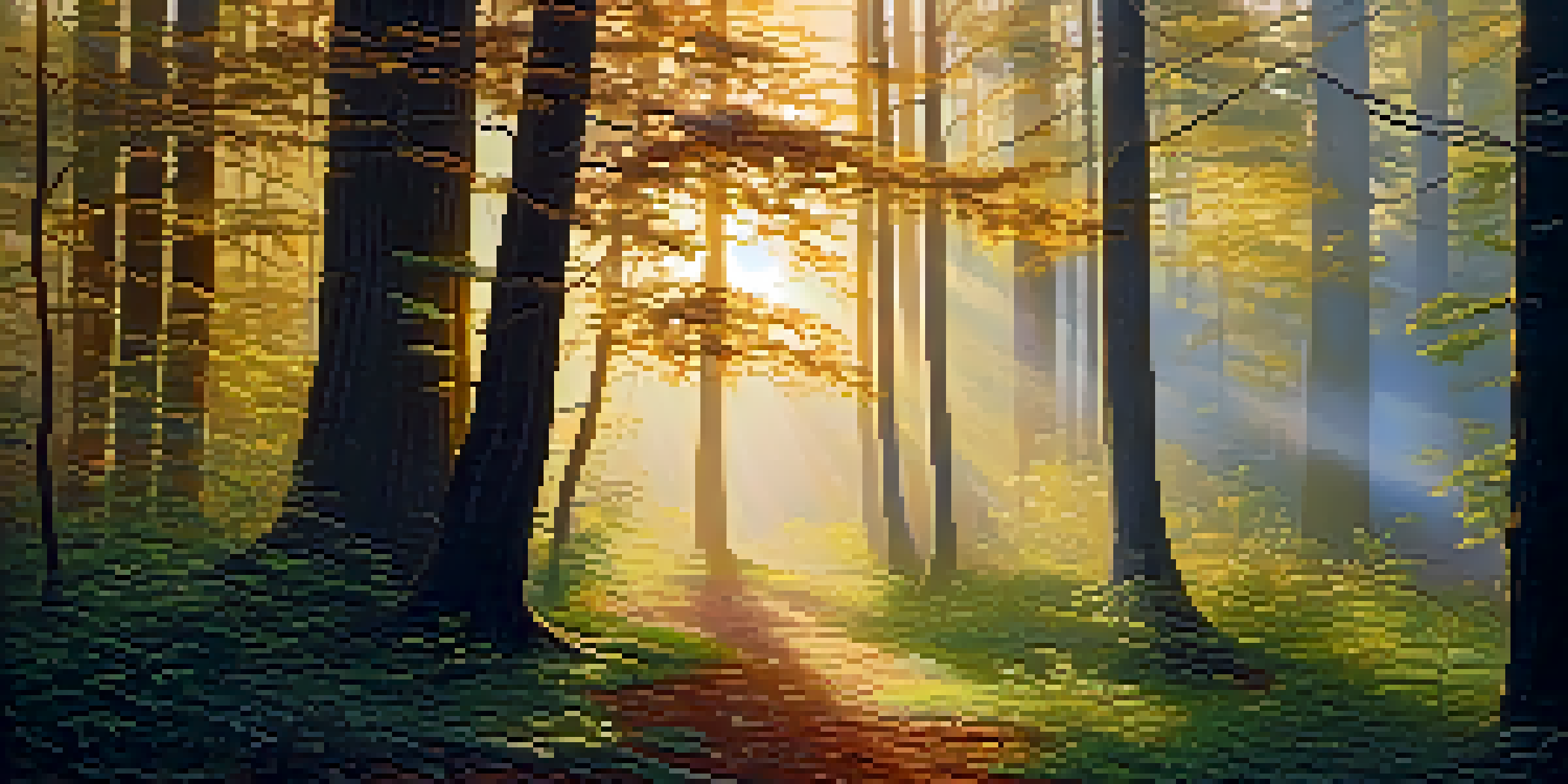 A peaceful forest at sunrise with sunlight streaming through the trees and a misty ground.